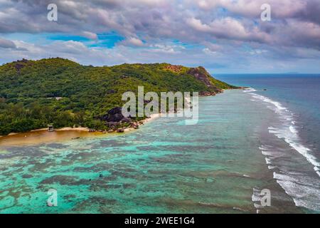 Aerial view of Anse Source D'Argent beach, La Digue Island, Seychelles Stock Photo