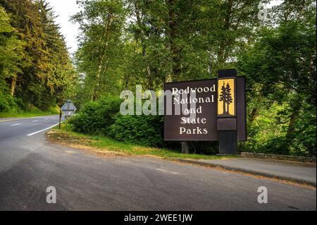 Entrance sign of Redwood National and State Parks in California, USA Stock Photo