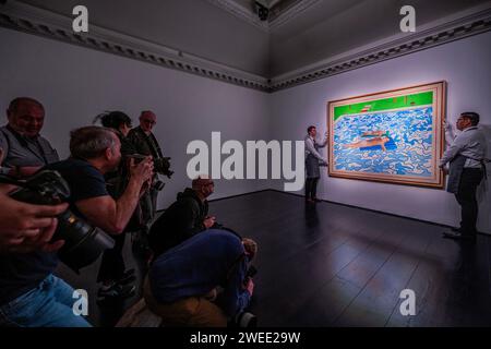 London, UK. 25th Jan, 2024. A preview of David Hockney, California, Painted in 1965, Estimate on request: in the region of £16,000,000, at Christies in London. The painting has been unseen in public for more than 40 years. To be sold at the 20/21 London evening sale on 7 March. Credit: Guy Bell/Alamy Live News Stock Photo