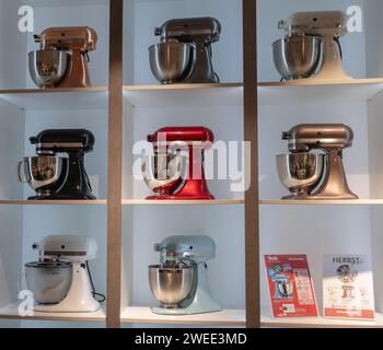 14.12.2019 Koblenz, germany - pattern of kitchen aid mixers with different pastel colors on white background in a shop. Stock Photo