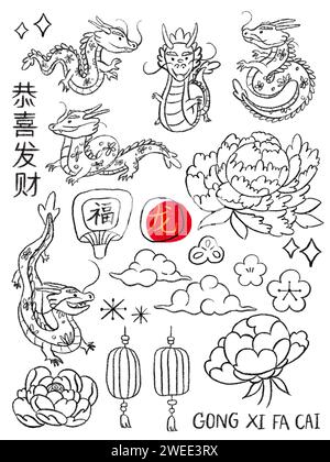 Chinese new year decoration element line art outline drawing on white background, foreign text translation as wish you enlarge your wealth, rich and d Stock Photo
