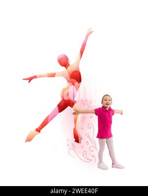 Little girl and silhouette of figure skater dancing. Child dreaming to study figure skating. Contemporary art collage. Stock Photo