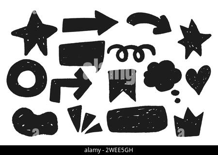 Set grunge comic elements arrows, speech bubble, cloud hearts, emotion elements jagged textured in doodle cartoon style isolated on white background. Vector illustration Stock Vector