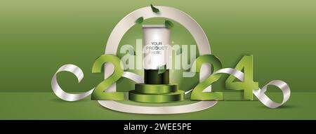 Winner stage podium mock up for cosmetic product display for year 2024 in green banner background, vector design Stock Vector