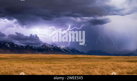 Thunderstorm over a landscape of mountains and grassland. Patagonia in Chile, South America. Stock Photo
