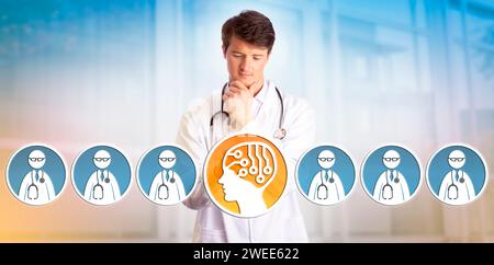 Young pensive doctor selecting artificial intelligence over his professional colleagues. Health care concept for guidance of AI technology enhancing h Stock Photo
