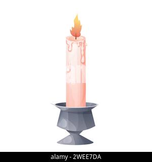 Wax candle with fire in metal holder, candelabra flame in cartoon style isolated on white background. . Vector illustration Stock Vector
