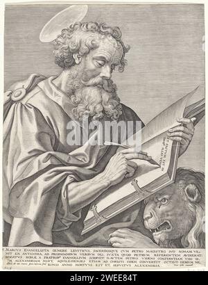 Evangelist Mark, Jerome Wierix, after Maerten of you, 1563 - before 1591 print The evangelist Marcus writes his gospel. De Leeuw is lying with his head on Marcus's lap. In the margin a five -line caption in Latin. Antwerp paper engraving St. Mark the evangelist writing the Gospel, usually a (winged) lion present Stock Photo