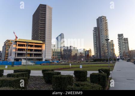 Milan, Italy january 24 2024 - Porta Nuova District - in the photo - panoramic view of Biblioteca degli alberi park and skyscrapers Stock Photo