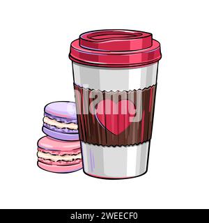 Takeaway coffee paper cup with heart symbol on it, coffee to go,macarons, dessert Stock Vector
