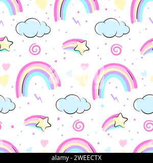 Rainbows and stars seamless pattern, kids background, doodle vector illustration Stock Vector