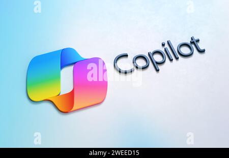 Valencia, Spain - January, 2024: Microsoft Copilot AI works on the Microsoft 365 apps with Artificial Intelligence in real time. New icon logo isolate Stock Photo