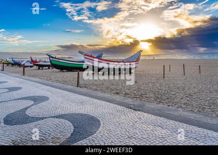 Nazaré beach at sunset, Portugal Stock Photo