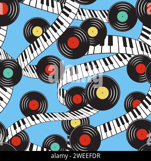Piano keyboard, vinyl records, music seamless pattern, background Stock Vector