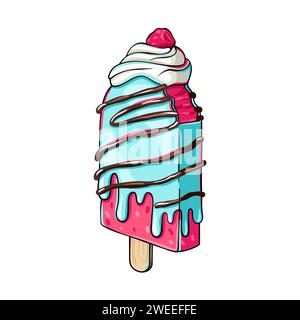 Fruit ice cream with whipped cream, raspberry, chocolate syrup, popsicle drawing Stock Vector