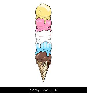 Many melting ice cream balls in a waffle cone, vector drawing Stock Vector