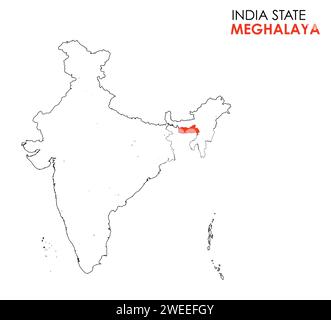 Meghalaya map of Indian state. Meghalaya map vector illustration. Meghalaya map on white background. Stock Vector