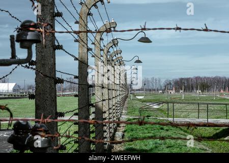 Barbed wire fence on Auschwitz concentration camp in Poland Stock Photo