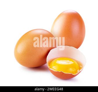 chicken eggs and half in a group isolated white background Stock Photo