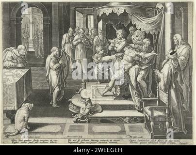 David plays on his harp for King Saul, Adriaen Collaert, after Jan van der Straet, 1587 - 1591 print David plays before the throne of King Saul. The harps play drives the evil spirit that Saul torments. (1 Samuel 16:23) The print has a Latin caption with verses. The print is part of a series with scenes from the Old Testament that have to do with music. Antwerp paper engraving David playing his harp before Saul. Saul troubled by an evil spirit. Madness Stock Photo