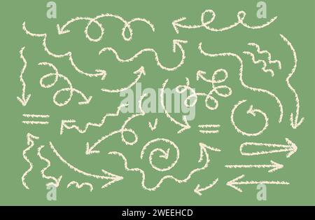 Hand drawn crayon chalk charcoal line arrows set. curvy and wavy arrows isolated on green. Group of squiggles and scribbles strokes. Elements for diag Stock Vector