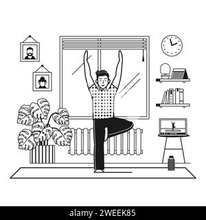 Young Man Practicing Yoga Online Using Laptop Stock Vector