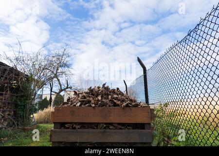 A composter made of wooden boards filled with dry leaves. Stock Photo