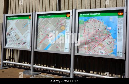 San Francisco, California: Panels of Transit Information at San Francisco Caltrain rail Station Stock Photo