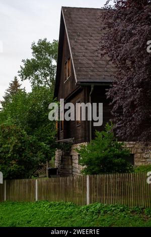 wooden house in the alpine forest at the foot of the mountains Stock Photo