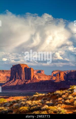 Clouds over Elephant Butte, a sandstone monolith in the Monument Valley Navajo Tribal Park in Arizona. Stock Photo