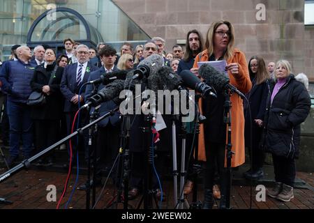 Emma Webber, mother of Barnaby Webber making a statement alongside relatives of the victims, outside Nottingham Crown Court after Valdo Calocane, who stabbed three people to death in Nottingham city centre and attacked three others, was sentenced to a hospital order after admitting manslaughter by diminished responsibility and attempted murder. Calocane stabbed students Barnaby Webber and Grace O'Malley-Kumar, both 19, and school caretaker Ian Coates, 65, in the early hours of June 13 last year. Picture date: Thursday January 25, 2024. Stock Photo