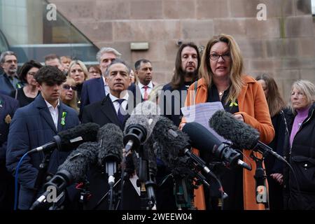 Emma Webber, mother of Barnaby Webber making a statement alongside relatives of the victims, outside Nottingham Crown Court after Valdo Calocane, who stabbed three people to death in Nottingham city centre and attacked three others, was sentenced to a hospital order after admitting manslaughter by diminished responsibility and attempted murder. Calocane stabbed students Barnaby Webber and Grace O'Malley-Kumar, both 19, and school caretaker Ian Coates, 65, in the early hours of June 13 last year. Picture date: Thursday January 25, 2024. Stock Photo