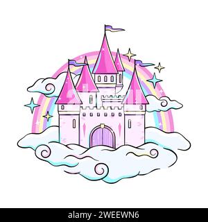 Magic sparkling castle on clouds with rainbow behind it, cute fantasy cartoon style vector drawing Stock Vector