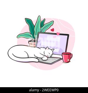 White cat sleeping on a laptop keyboard with a pot plant and a cup of tea near it, love messages on the screen, cute vector drawing Stock Vector