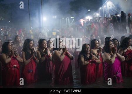Kathmandu, Nepal. 25th Jan, 2024. Devotees offer ritual prayers during