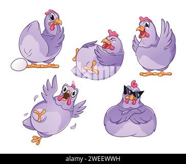 Hen, chicken with different emotions, set of vector illustrations Stock Vector
