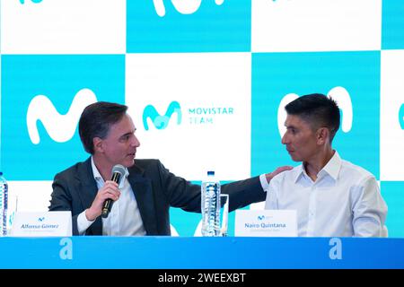 Alfonso Gomez the CEO of Telefonica Hispam (L) and cyclist Nairo Quintana (R) speak during a press conference announcing it's return to the Movistar C Stock Photo