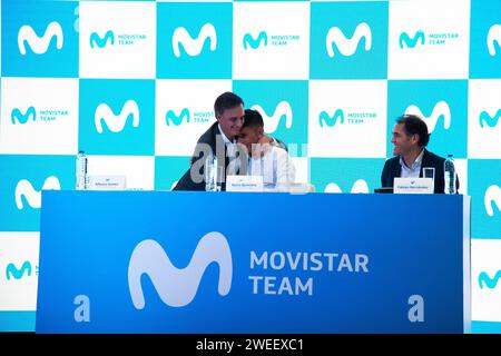 Alfonso Gomez the CEO of Telefonica Hispam (L), cyclist Nairo Quintana (C) and Fabian Hernandez CEO of Movistar Colombia (R), speak during a press con Stock Photo