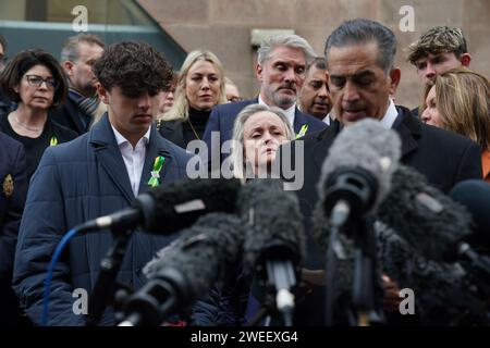 Dr Sanjoy Kumar, father of Grace O'Malley-Kumar making a statement alongside relatives of the victims, outside Nottingham Crown Court after Valdo Calocane, who stabbed three people to death in Nottingham city centre and attacked three others, was sentenced to a hospital order after admitting manslaughter by diminished responsibility and attempted murder. Calocane stabbed students Barnaby Webber and Grace O'Malley-Kumar, both 19, and school caretaker Ian Coates, 65, in the early hours of June 13 last year. Picture date: Thursday January 25, 2024. Stock Photo