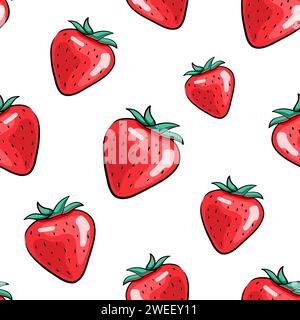 Seamless strawberry pattern, fruit background, cartoon, comic, doodle style illustration Stock Vector