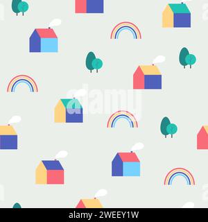 Cute seamless simple pattern with tiny houses, rainbow and trees in minimalistic flat style Stock Vector