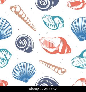 Seashells, conches seamless pattern, sea beach background Stock Vector