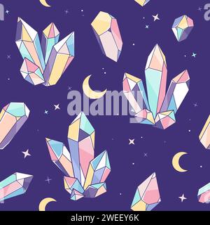 Crystals, gems,stars and moon seamless pattern, boho background, mystery, night, magic illustration Stock Vector
