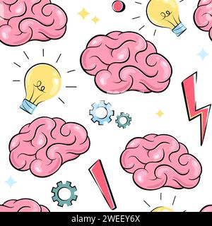 Brain, idea, creativity, geek seamless pattern. Light bulb, mind, flash, insight background Stock Vector