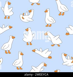 Goose, geese seamless pattern, cute cartoon ducks background. Animal character vector drawing Stock Vector