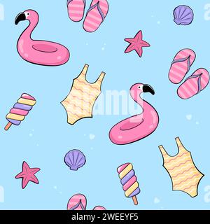 Seamless summer pattern with summer, beach accessories and objects in a cartoon, comic style Stock Vector
