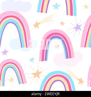 Cute seamless children pattern with rainbows, clouds and stars in boho, flat, doodle style Stock Vector