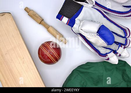 Flat Lay View Of Cricket Equipment Stock Photo