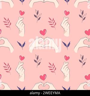 Heart hand sign seamless pattern, love background. Fingers kawaii love symbol, gesture Stock Vector