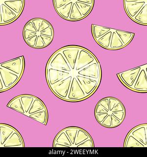 Lemon seamless pattern, background. Lemon halves and slices illustration in a comic, cartoon style. Stock Vector